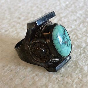 Antique Genuine Turquoise and Sterling Silver Tibetan Saddle Ring RARE